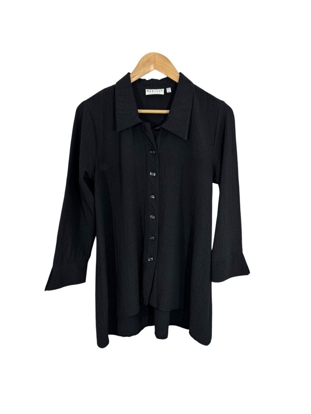 Habitat Seersucker Button Up Tunic Top Womens XS Black Casual Shirt Longline EUC